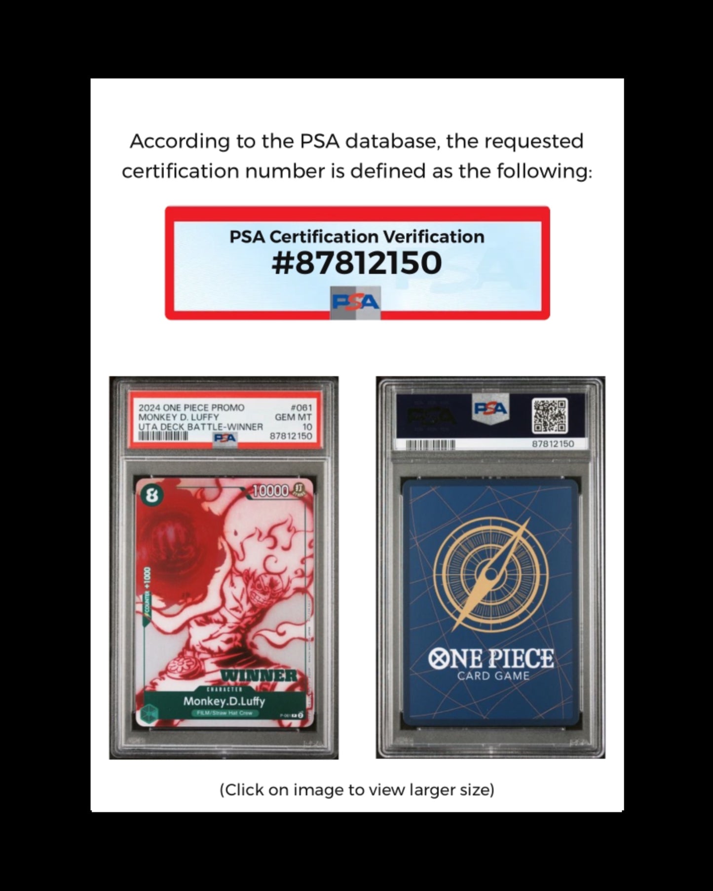 2024 One Piece Promo Monkey D. Luffy Uta Deck Battle Winner Card - Gem 10 Mint